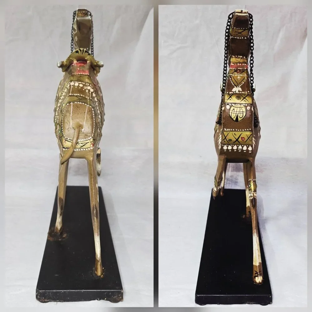COMING SOON Hand Painted Metal Camel Sculpture Boho Global Bazaar Decor 16” L1/2